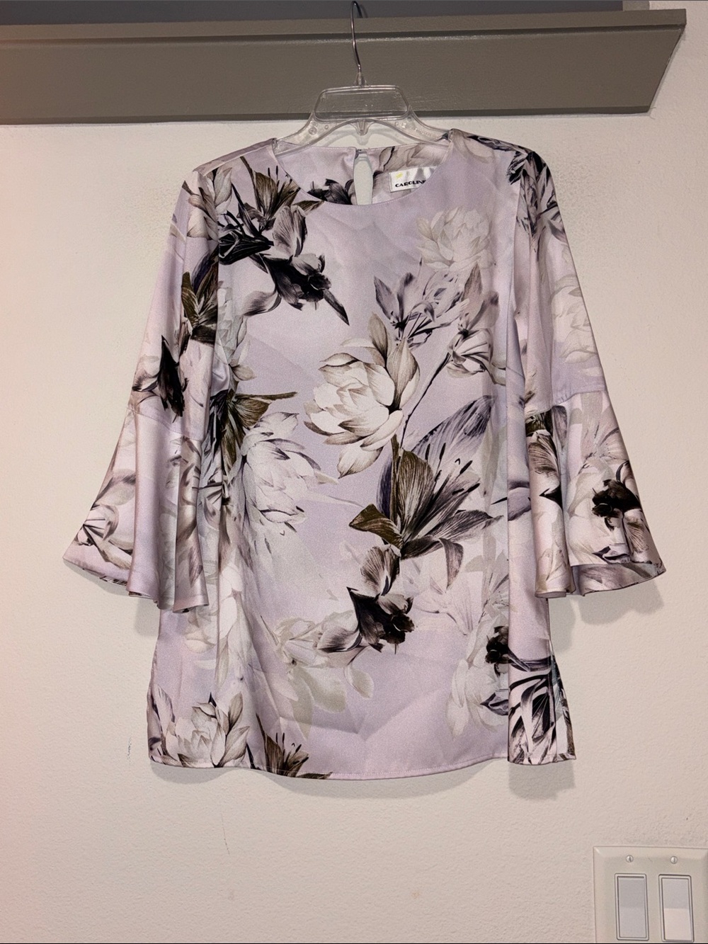 Caroline Rose Purple Floral Silky Bell Sleeve Top SZ XS EUC